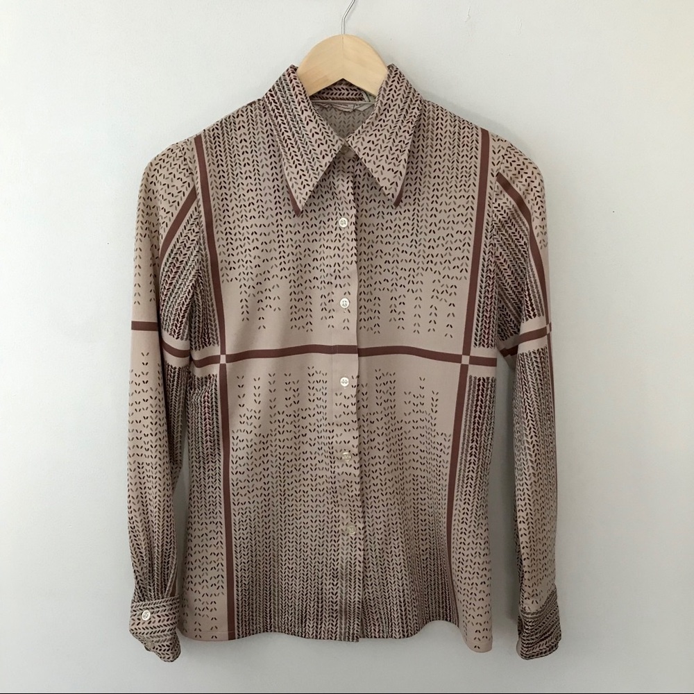 Vintage 70s Polyester Knit Screenprinted Blouse
